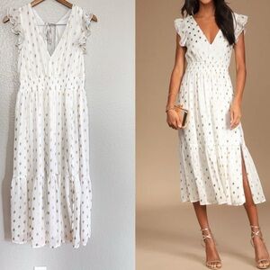 Cause to Celebrate White and Gold Dot Ruffled Tiered Midi Dress